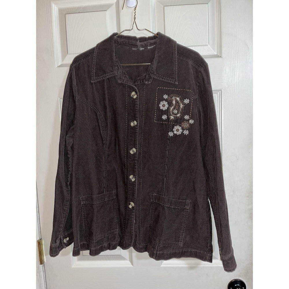 Vtg Corduroy‎ women's  shacket Lightweight  Brown Paisley Embroidery